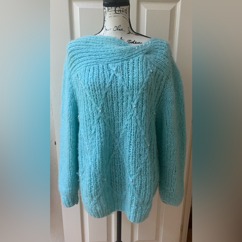 Handmade Chic Off-the-Shoulder Turquoise Sweater with Pearls